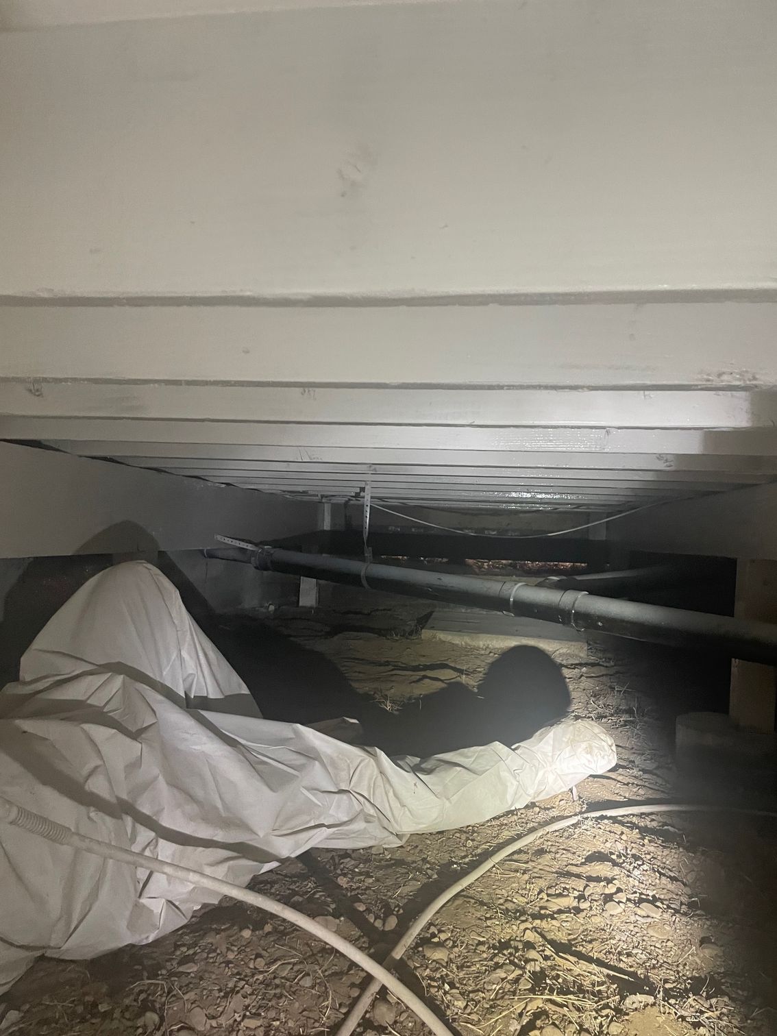 Person under a low crawlspace, shining a flashlight amid white insulation and cables.