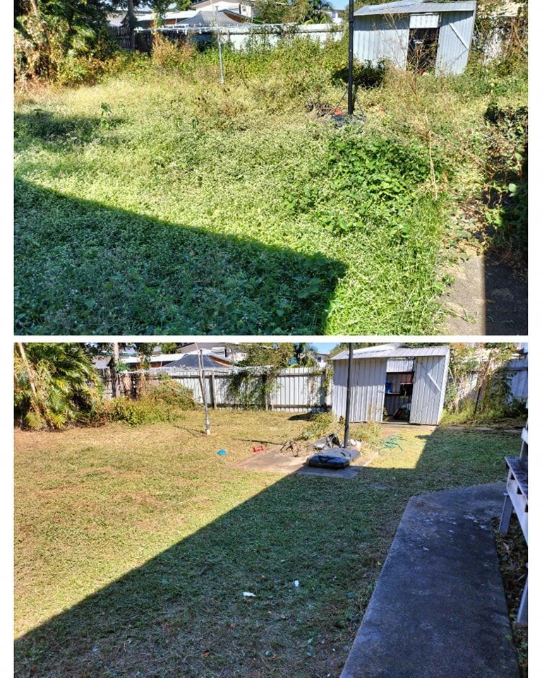 Before-and-after View of a Backyard. Top: Overgrown Weeds — Hanta Mowing Services Townsville in Kirwan, QLD