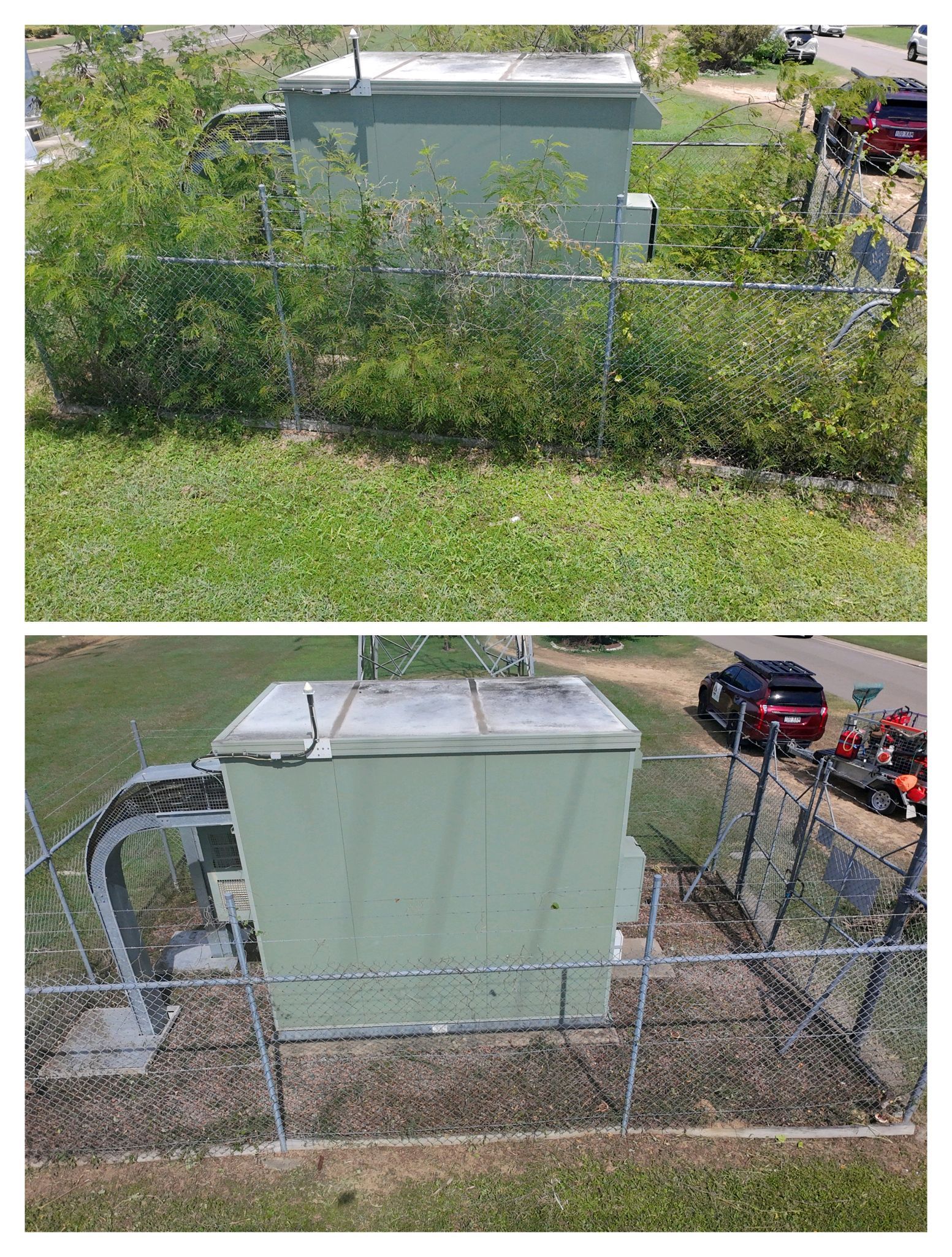 Top: Overgrown Electrical Box. Bottom: Box Clear of Vegetation — Hanta Mowing Services Townsville in Kirwan, QLD