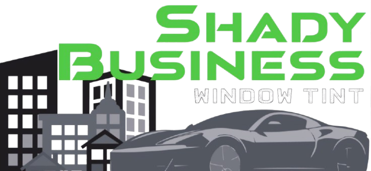 Shady Business Window Tint logo with city buildings and a gray sports car