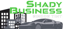 Shady Business Window Tint logo with city buildings and a gray sports car
