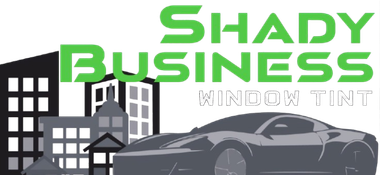 Shady Business Window Tint logo with city buildings and a gray sports car
