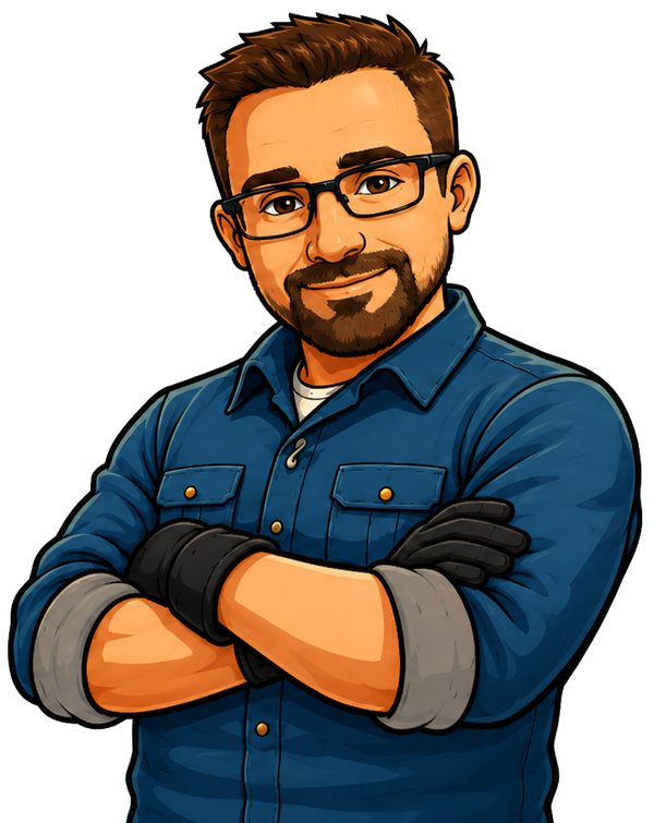 Cartoon illustration of a smiling man with glasses and folded arms, wearing a blue shirt