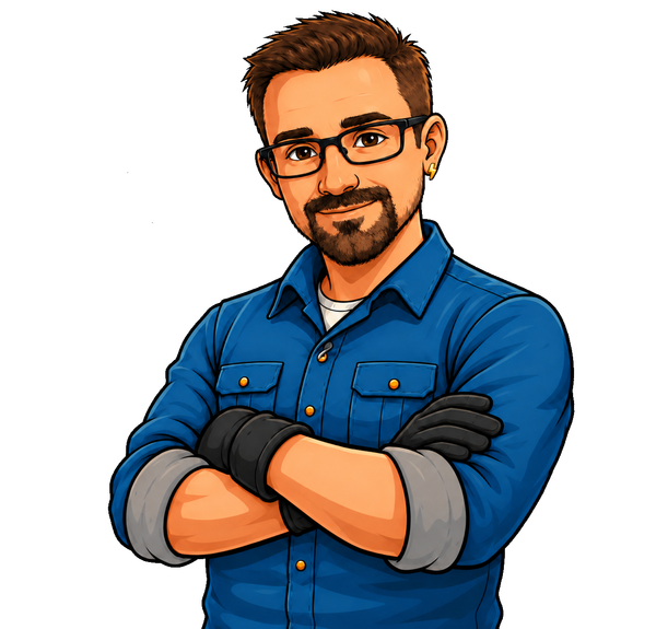 Cartoon illustration of a smiling man with glasses and folded arms, wearing a blue shirt
