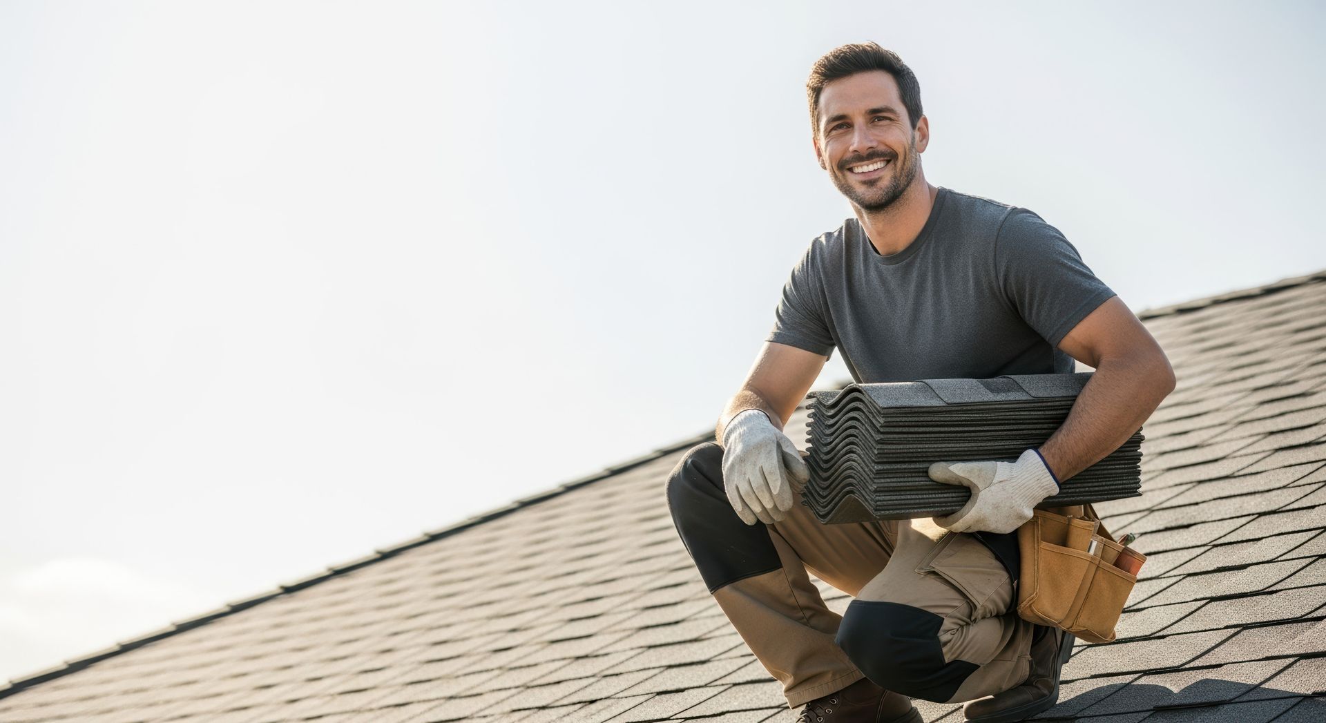 Roofer kneeling on a shingle roof while holding a stack of roofing tiles. Roofer kneeling on a shingle roof while holding a stack of roofing tiles.