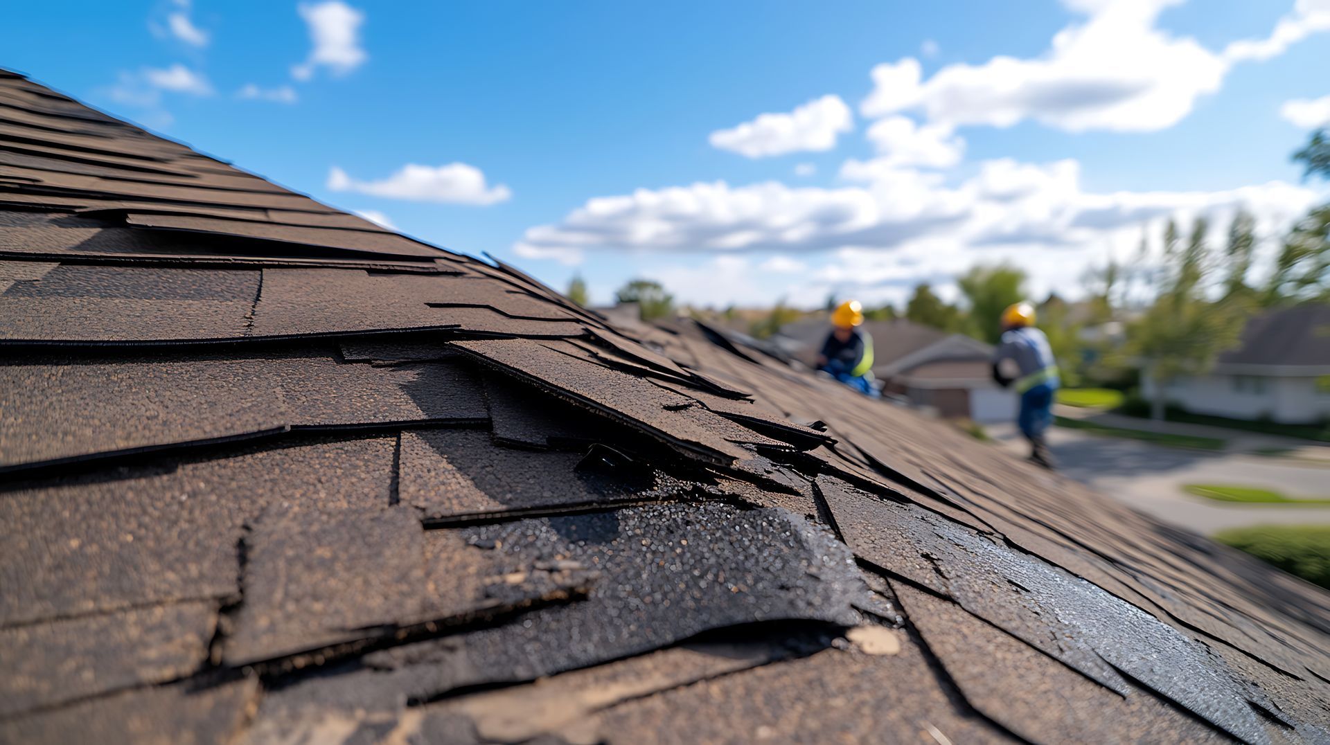 Damaged roof shingles with workers in the background preparing for roof repairs. Damaged roof shingles with workers in the background preparing for roof repairs.