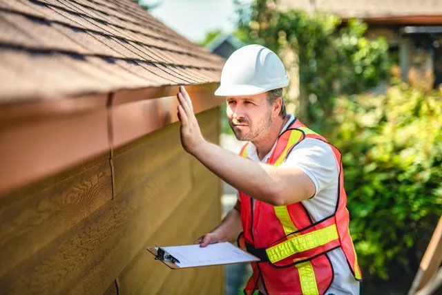 A man with a hard hat standing on a ladder inspecting a house roof - Champaign, IL - Unity Construction Inc.