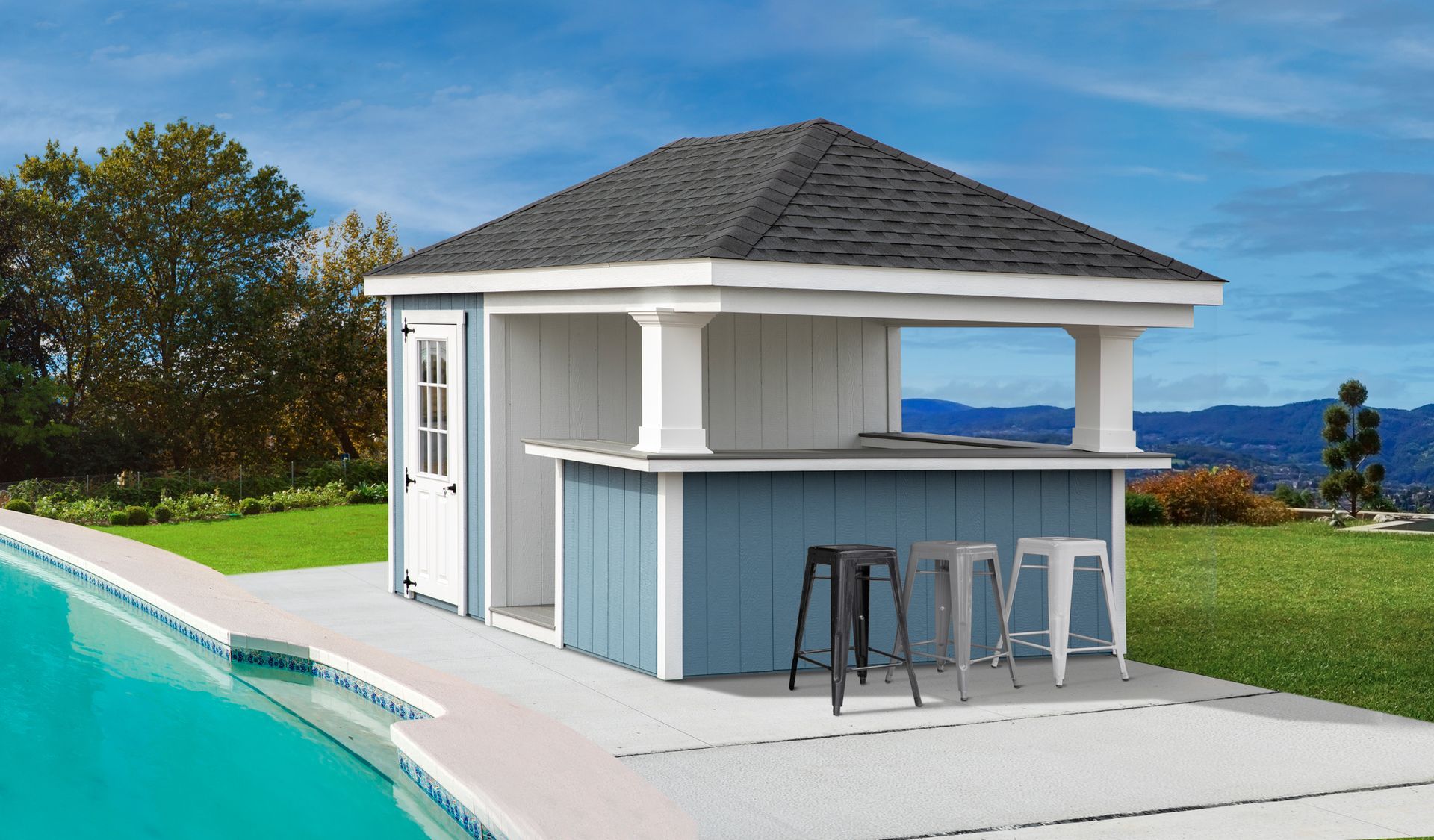 blue pool house A shed with a bar and stools next to a pool