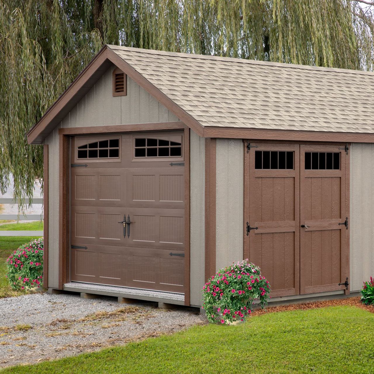 brown garage A shed with a large brown garage door