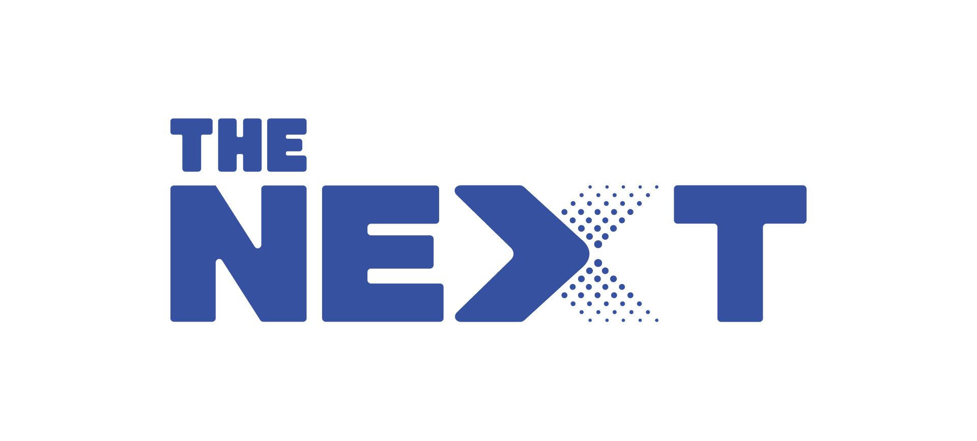 De tekst in het logo luidt "THE NEXT" in blauw, waarbij de letter "X" is vormgegeven als een chevron en een stippenpatroon.