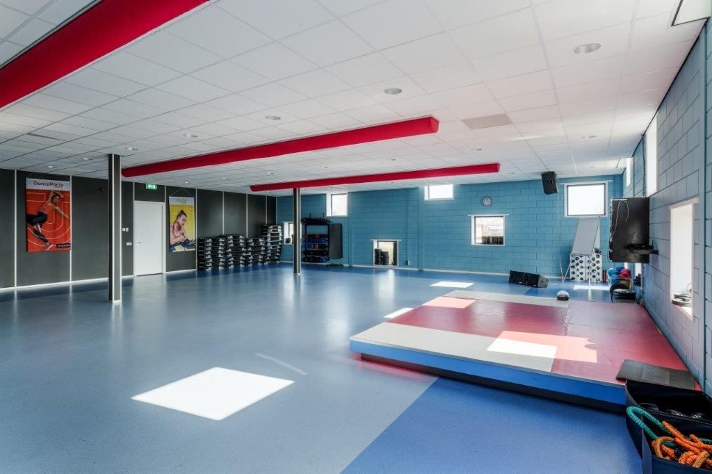 Gymzaal met blauwe en rode vloer, matten en apparatuur. De muren zijn blauw en grijs.