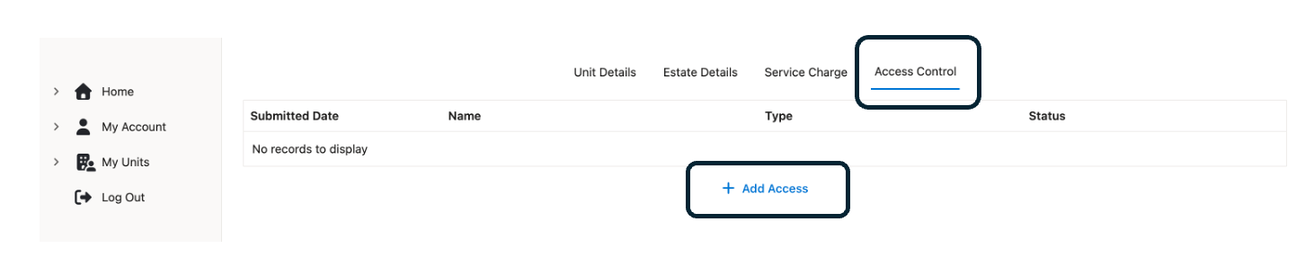 Image of the Access Control tab within a Unit. The page lists the current individuals with access and allows additional requests for access to be made