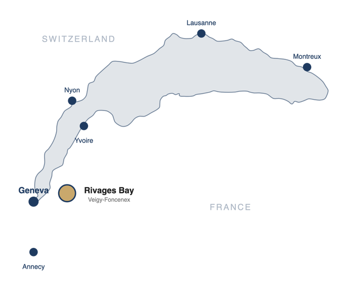 Map of Lake Geneva showing Rivages Bay in Veigy-Foncenex, between Geneva and the Alps