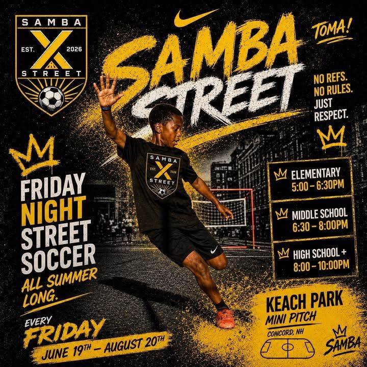 Friday Night Street Soccer flyer with soccer player, black and gold design, at Keach Park