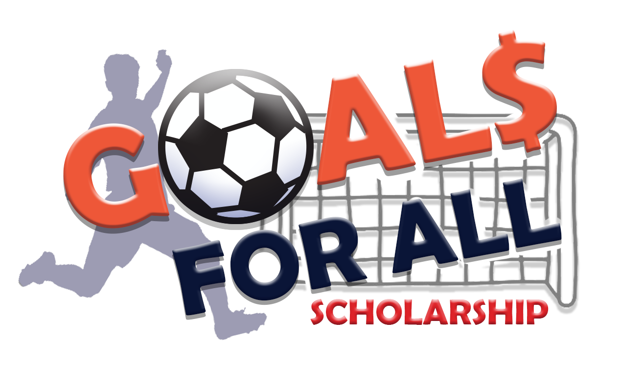 Goals for All Scholarship logo with orange and navy text, soccer ball, and soccer player silhouette