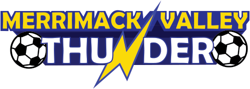 Merrimack Valley Thunder logo with blue and yellow text, soccer balls, and a lightning bolt