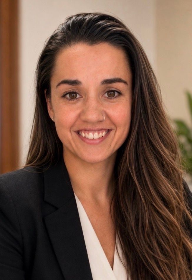 Smiling woman in a black blazer and white top, standing indoors against a neutral background