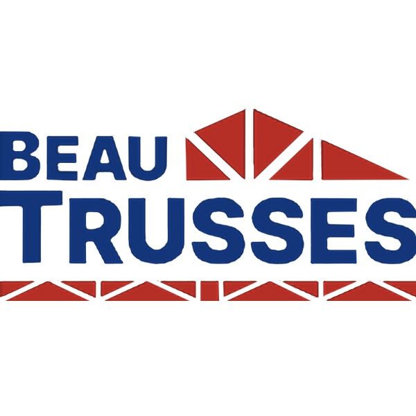 BEAU TRUSSES logo in blue and red with stylized roof trusses