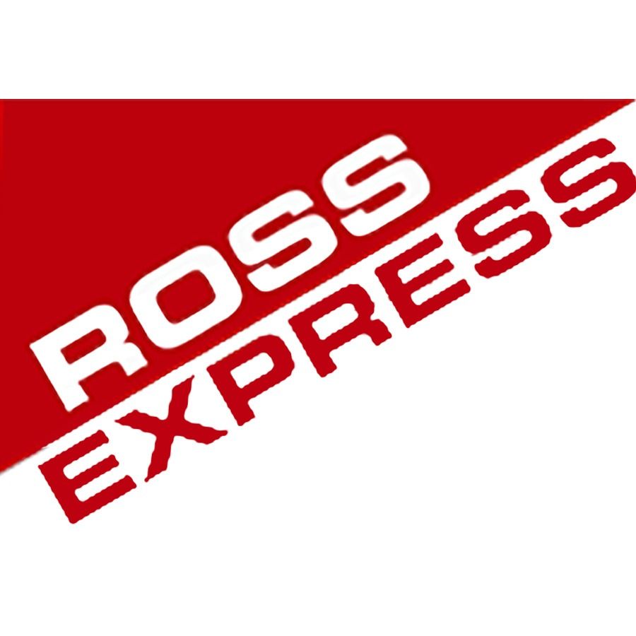 Ross Express logo in red, with slanted white text on a red and white background