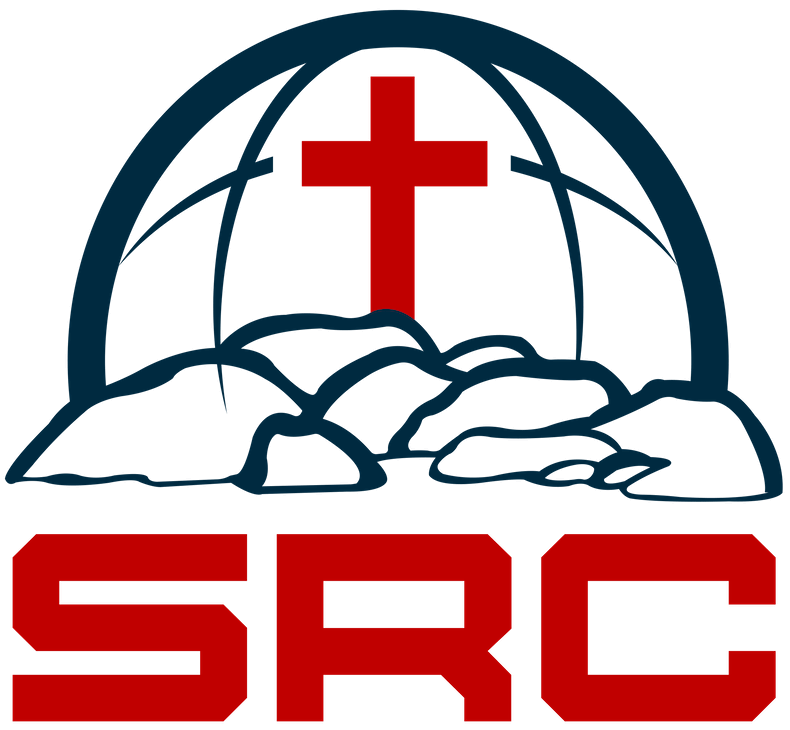 Red cross over a blue and white globe; SRC initials in red, below a rocky landscape.