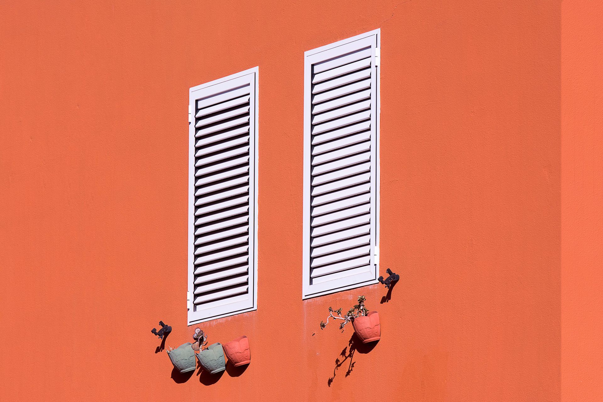 Two white shutters on an orange wall, each with hanging potted flowers.