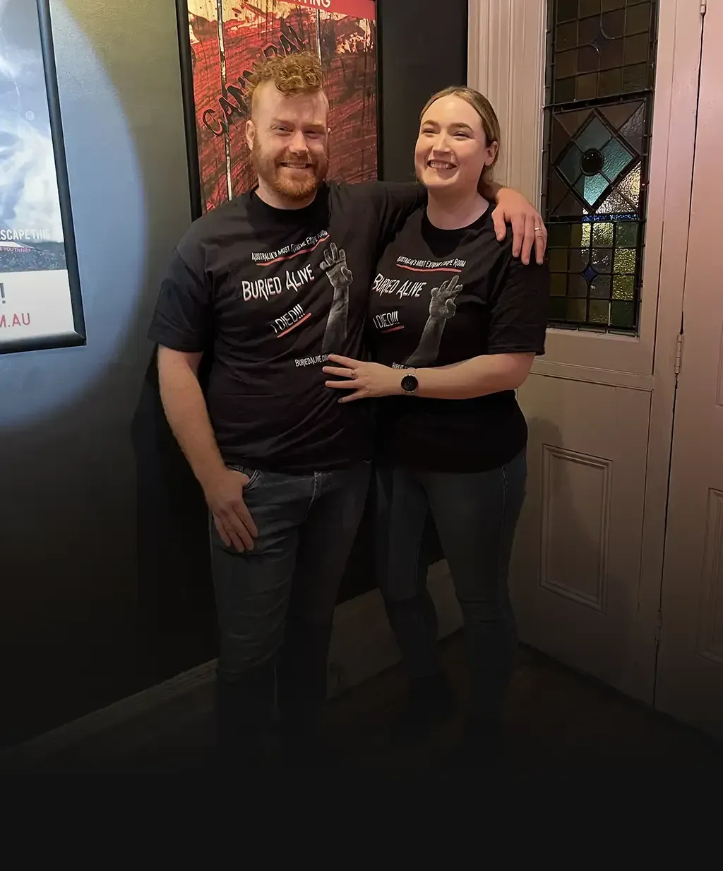 Brave Extreme Escape Room adventurers wearing matching Buried Alive