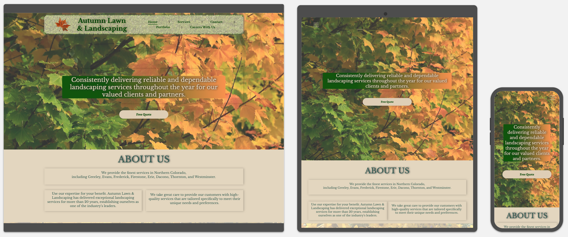 Responsive website mockups on desktop, tablet, and phone with an autumn forest hero image and About Us section