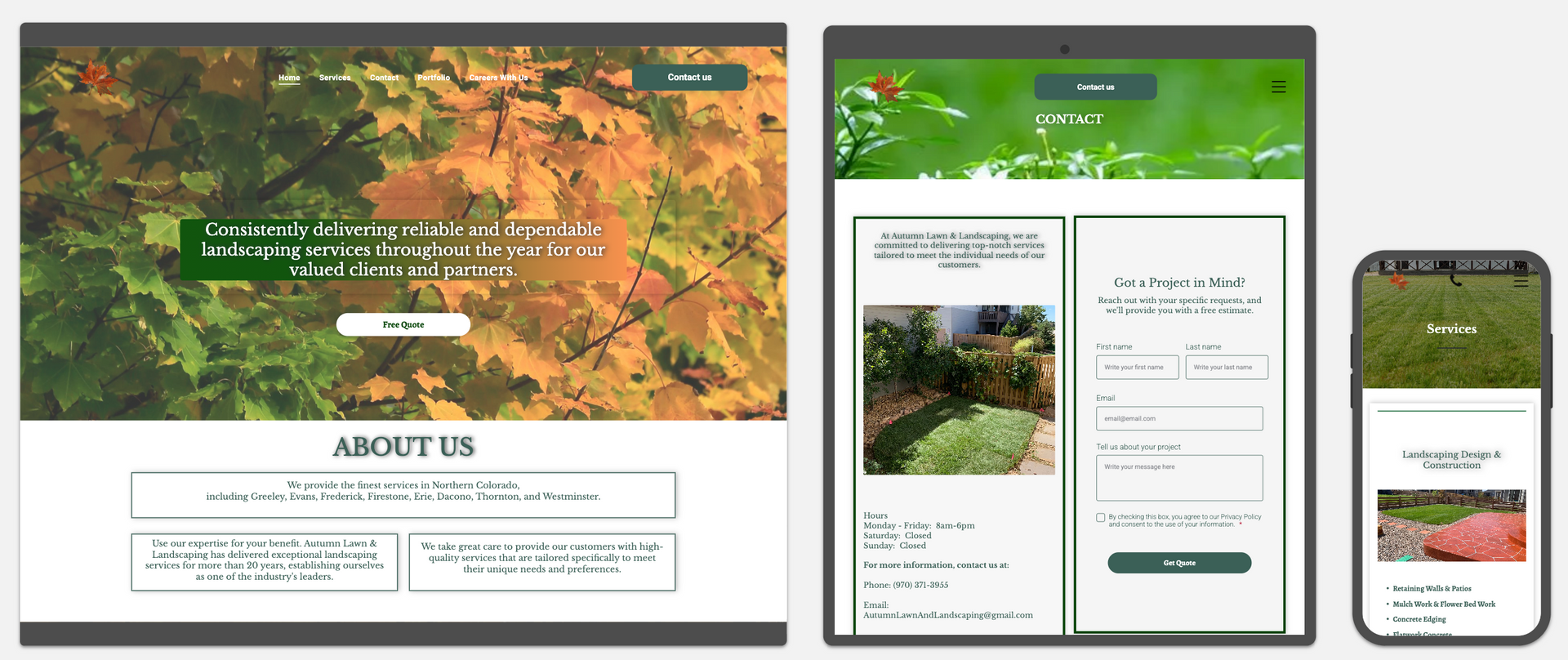 Responsive website mockups on desktop, tablet, and phone with an autumn forest hero image and About Us section