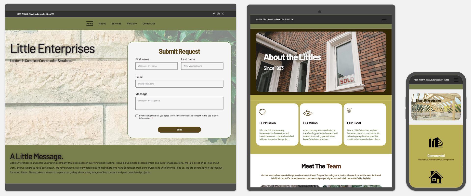 Little Enterprises website shown on desktop, tablet, and phone with a login form on a beige background.