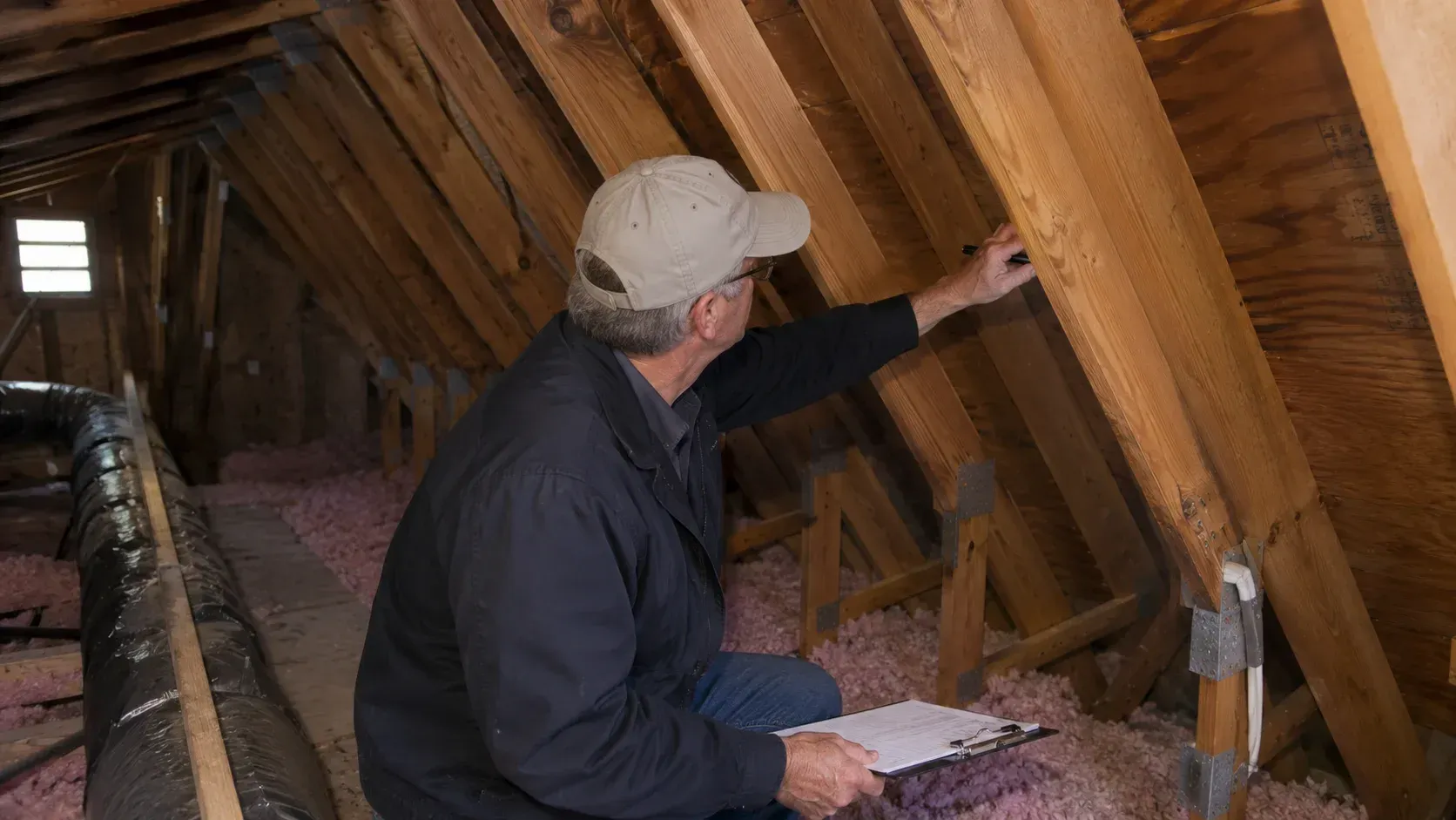 Home inspector check of attic framing and insulation while holding a clipboard in Bellevue home.