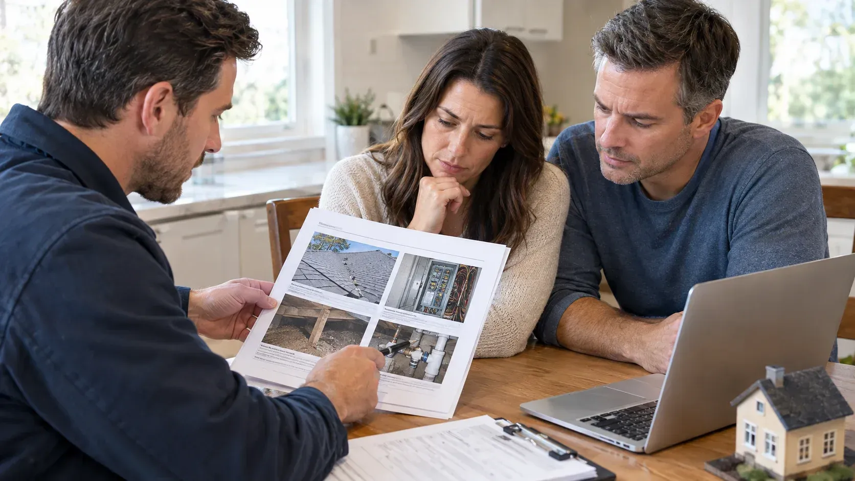 Inspector reviewing home report with couple to discuss details during real estate deal.