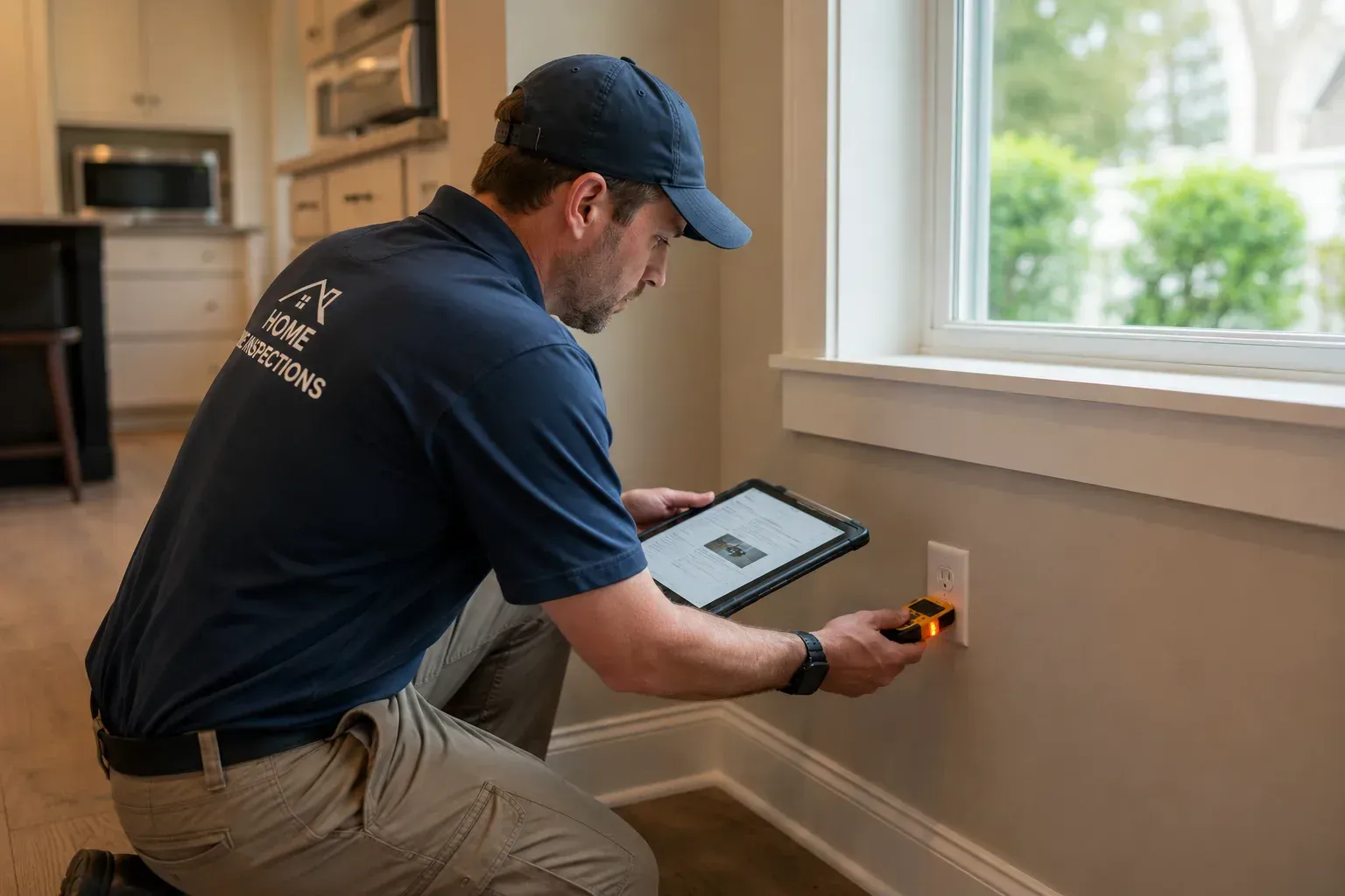 Home inspector testing an outlet: how much does a home inspection cost in Sammamish, Washington.