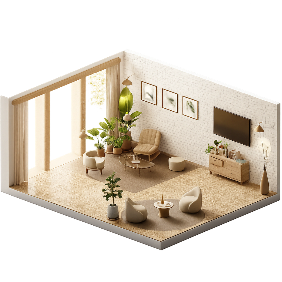 Isometric view of a light-filled living room with plants, neutral furniture, and a large window.