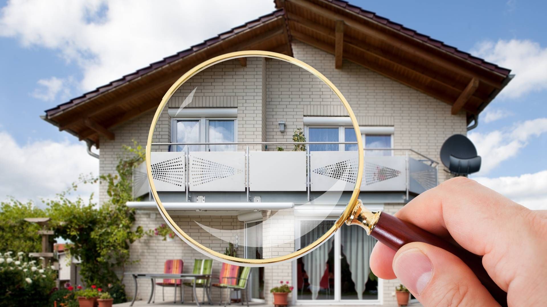 Magnifying glass over a house facade; hand holding, blue sky, patio furniture visible.
