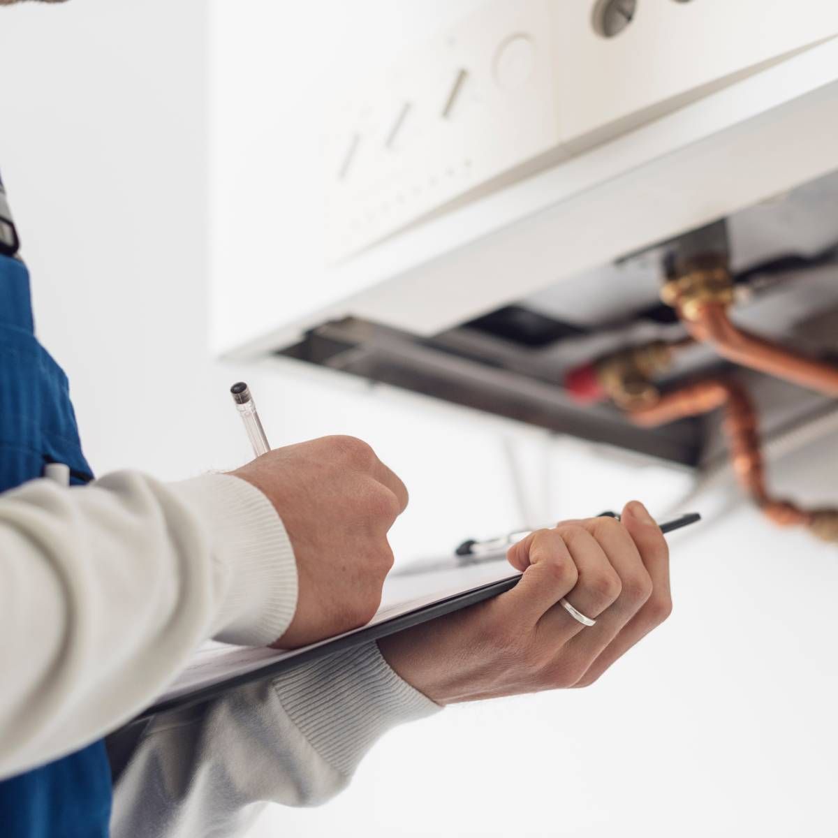 Person in overalls inspecting a boiler, taking notes on a clipboard.