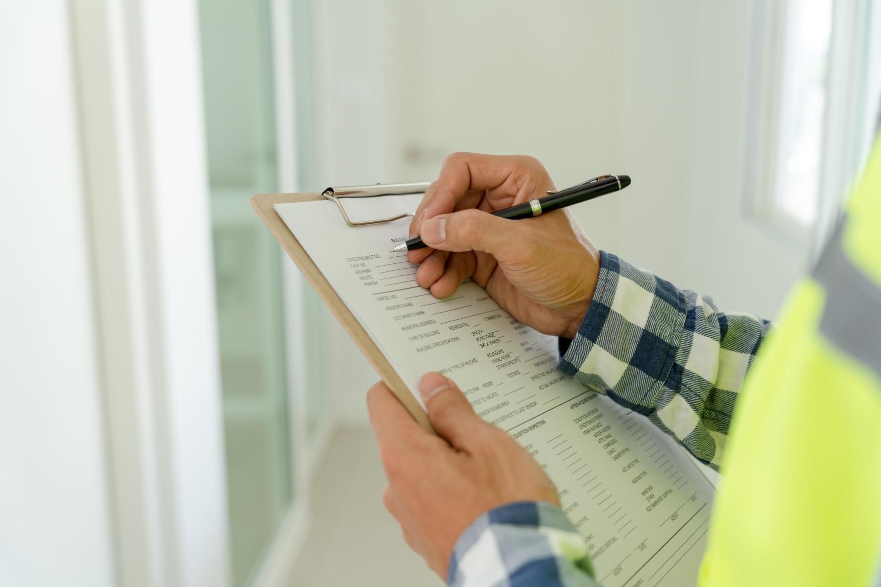 Person in checked shirt and safety vest writing on a clipboard in a hallway.