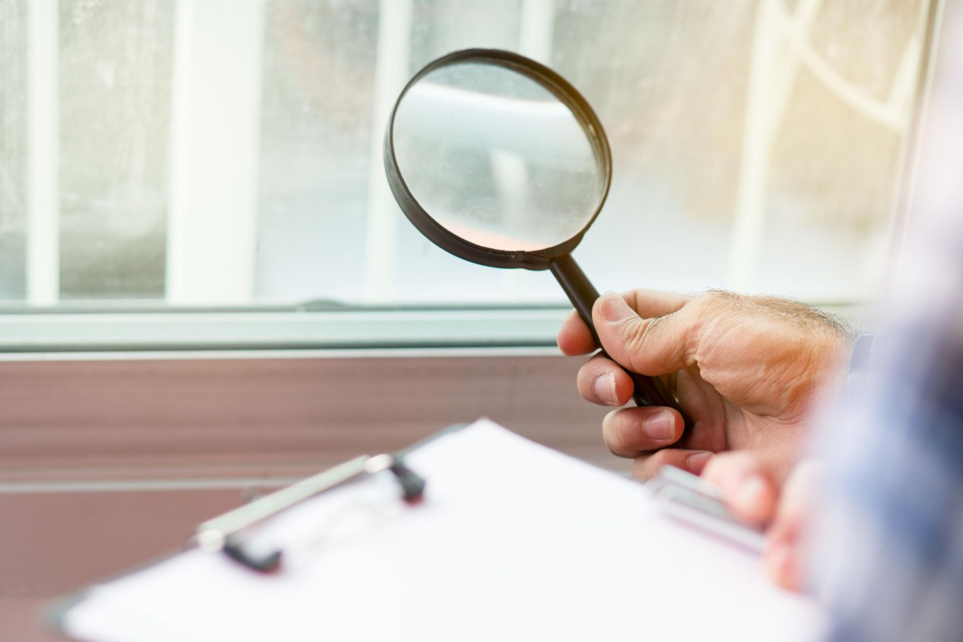 Person examining a window with a magnifying glass, holding a clipboard; sunlight streams through.