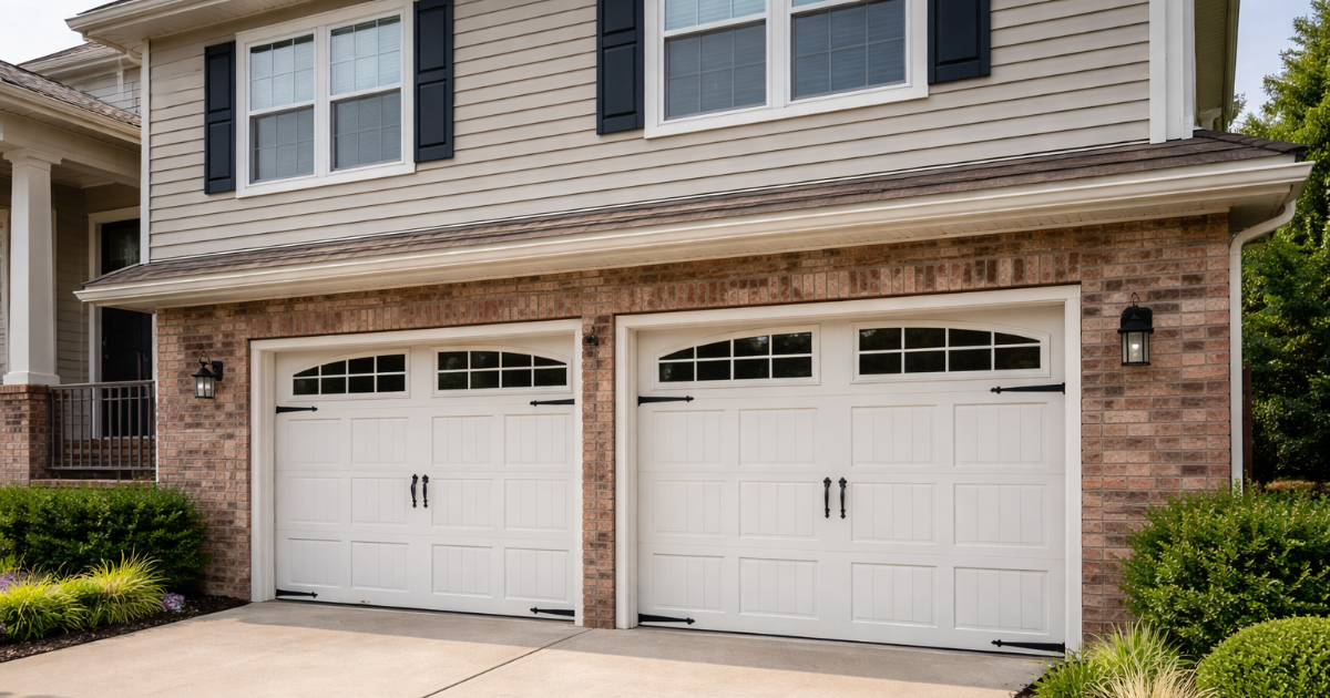 White steel carriage house garage doors with arched windows and black hardware on a tan home