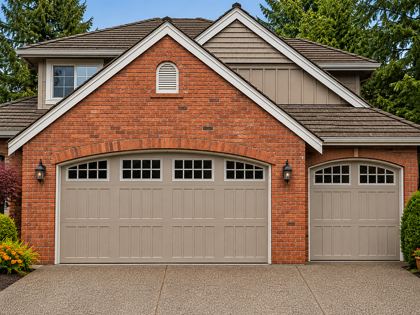 Two tan steel carriage house garage doors with arched windows on a brick home