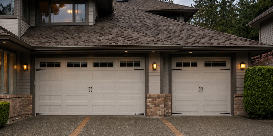 Tan home with two white steel carriage house garage doors, square window panes, and a stone column base