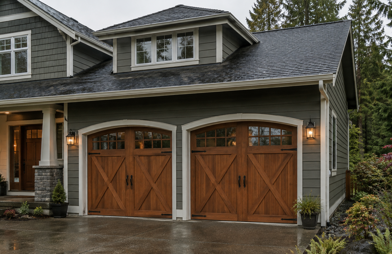 Home with dark wood carriage house garage doors featuring crossbuck details