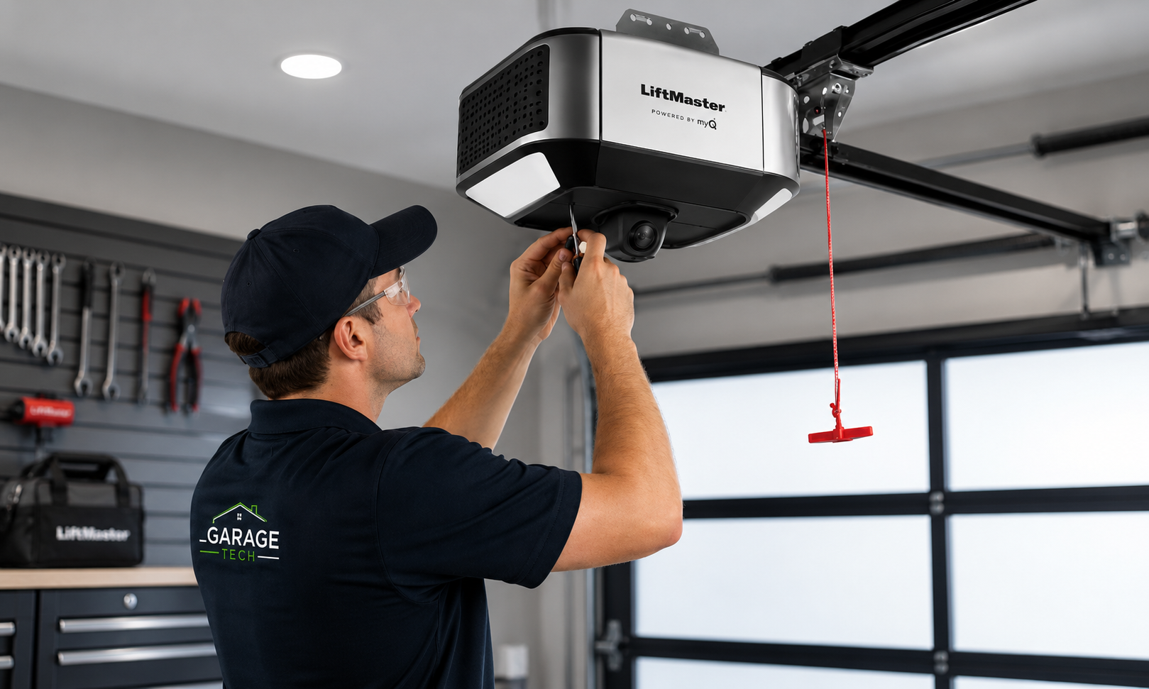 Garage door technician performing repair and maintenance service