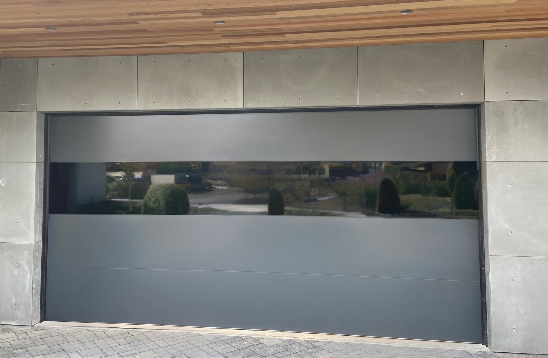 Close-up of a frosted glass panel contemporary garage door