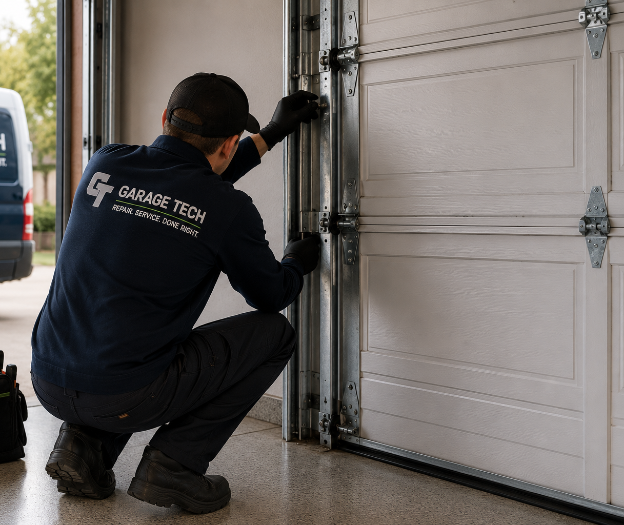 Garage Tech technician inspecting garage door track in Bothell, WA