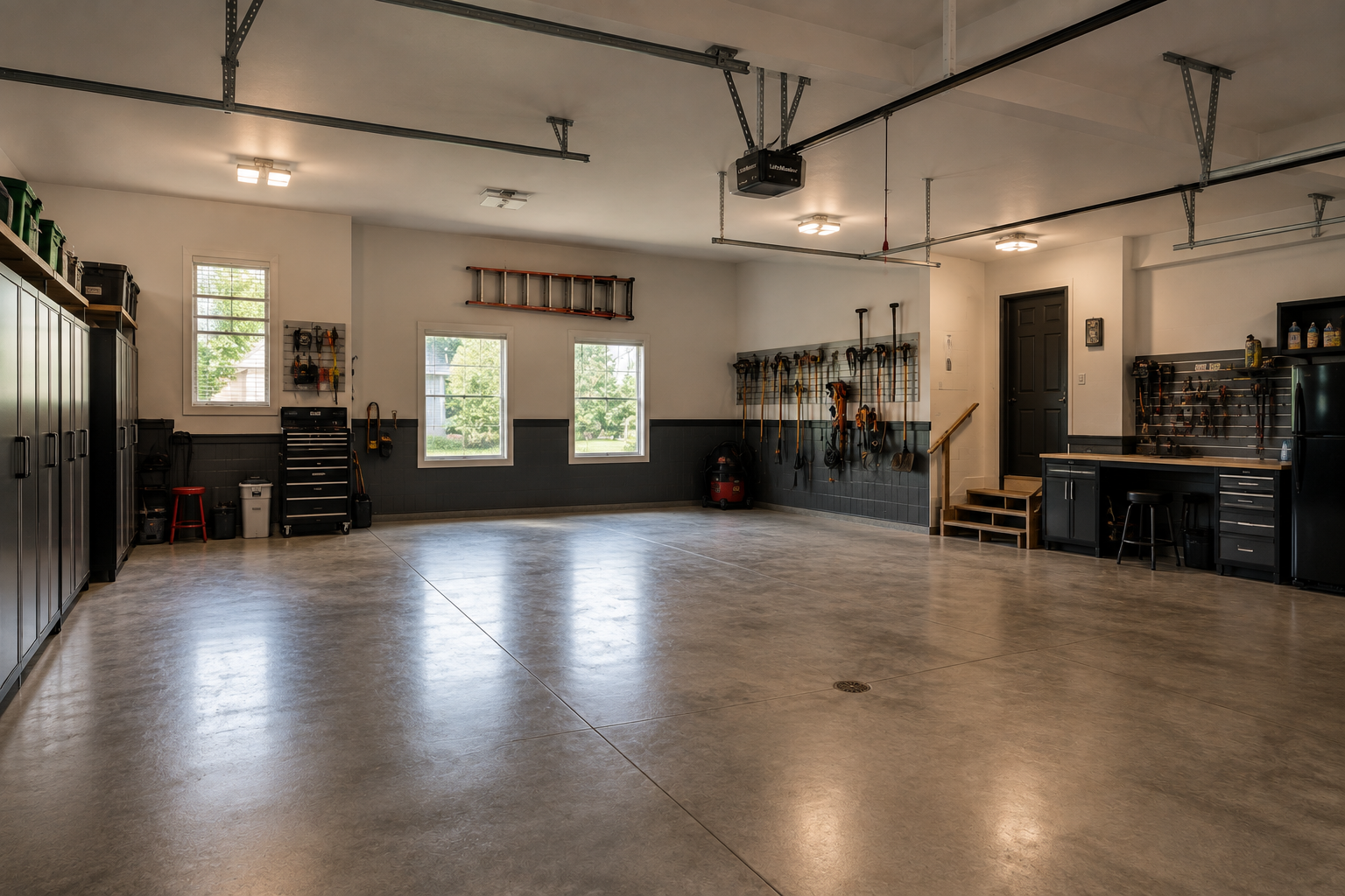 Empty garage interior showing space for a LiftMaster garage door opener installation