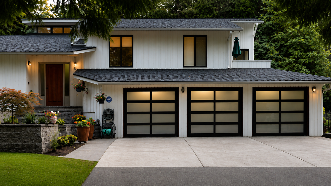 Three-car black-frame glass garage doors on a white home with covered porch