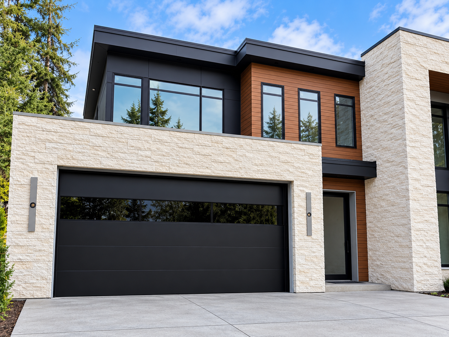 Black contemporary garage door with horizontal glass panel on a modern home