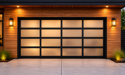 Modern contemporary garage door with full view glass panels