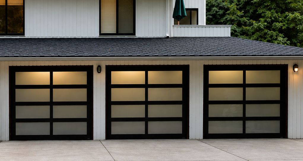 Home with black-frame glass panel contemporary garage doors