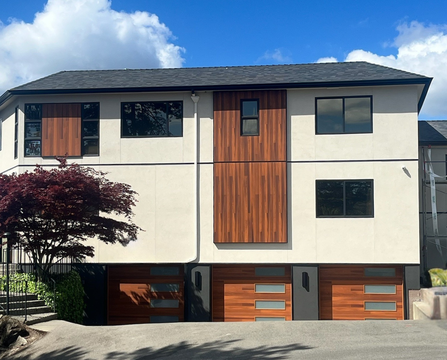 Modern home with a wood-slat accent door and black-frame windows